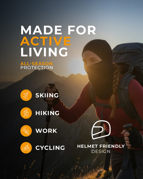 A woman hiker on a mountain wearing Merino wool balaclava with text about active living and product features.