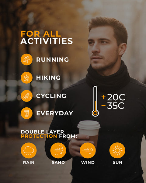 Man holding a coffee cup with product features highlighted on a blurred outdoor background