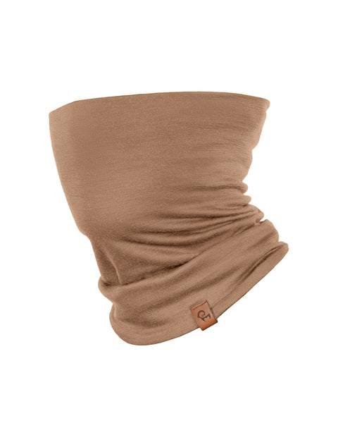 Beige merino wool neck gaiter, soft breathable merino wool neck warmer for toddlers and children designed for outdoor play, warmth, and comfortable cold weather protection.