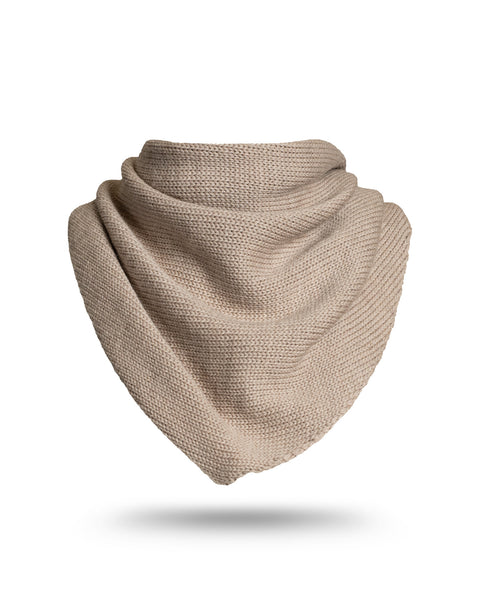 Large beige knit bandana scarf made from Merino wool blend, shown on a white background.