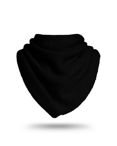 Large black knit bandana scarf in a triangular shape, displayed on a white background.