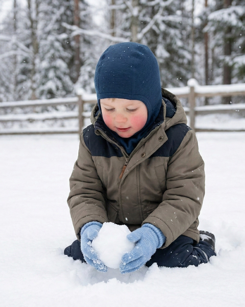 Child playing in snow wearing navy Merino wool balaclava and winter jacket, holding a snowball in a snowy outdoor setting.