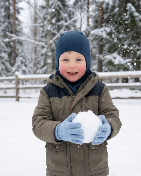 Smiling child in winter wearing blue Merino wool balaclava and gloves, holding a snowball in snowy backyard.