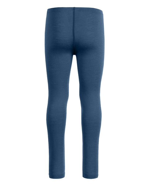 the menique 160gsm merino kids' pants in denim color, back view.