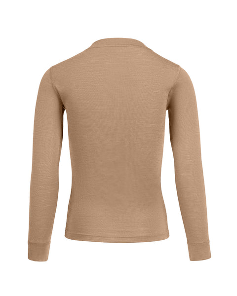 the menique kids' 160gsm merino long sleeve top in beige color, back view.