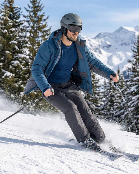 Man skiing downhill on a snowy mountain wearing a denim blue merino wool base layer set under a ski jacket, with evergreen trees and alpine peaks in the background.