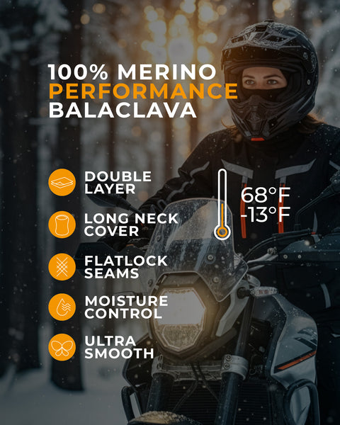 100% merino wool performance balaclava with double layer protection, long neck cover and moisture control for extreme cold weather riding