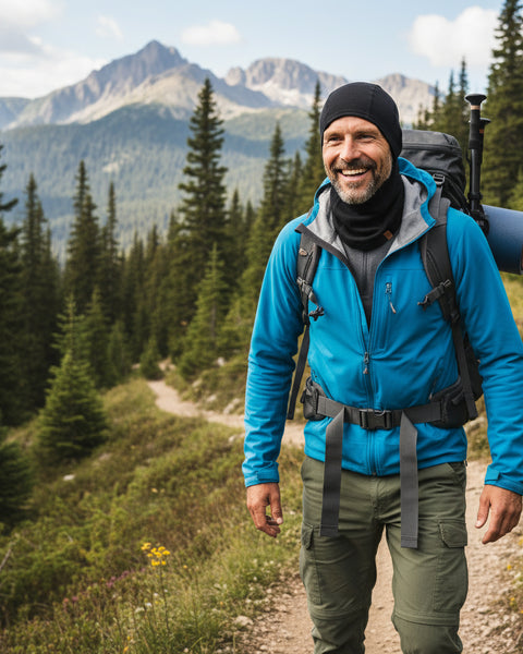 Smiling man wearing a blue jacket, green hiking pants, and a black neck gaiter walking on a forest trail with mountains in the background.