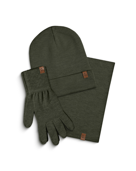 Green knit beanie, gloves, and scarf set on a white background
