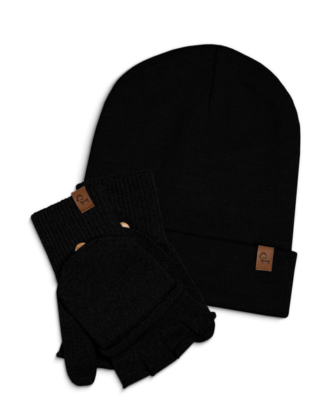 Black knit merino wool menique beanie and gloves set on a white background