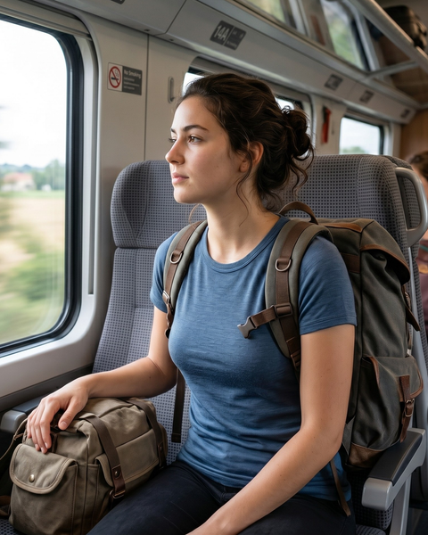 A young woman sitting by the window on a moving train, gazing out at the passing rural landscape. She is wearing a fitted blue short-sleeved t-shirt and dark pants. She has a large olive-green canvas backpack on her back and is resting her hand on a matching smaller canvas bag on the seat beside her. Another passenger is partially visible in the background.