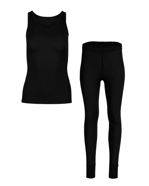 Packshot of women's 160 merino wool sleeveless top and bottoms set