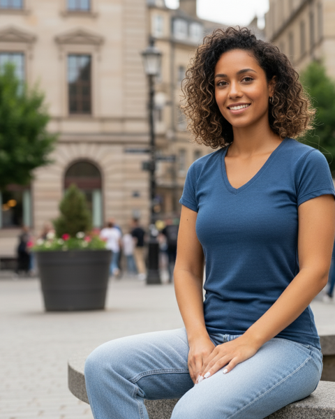 Woman wearing a navy blue Merino wool V-neck T-shirt, sitting outdoors in an urban setting.