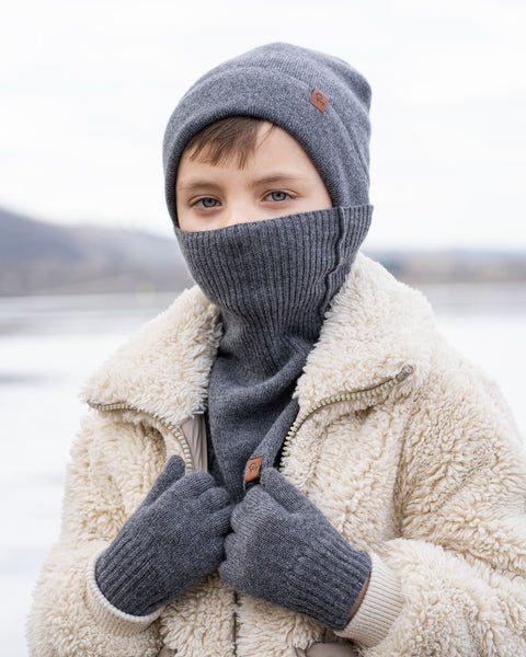 Kids Knitted Beanie, Dickie & Gloves 3-Piece Set Dark Gray