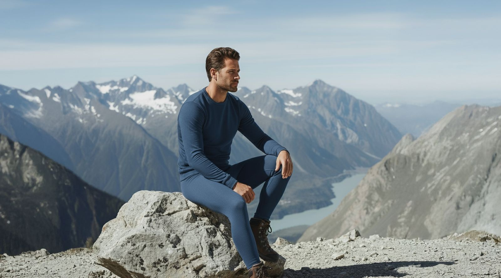 A man relaxing at home in stylish men's merino wool clothing while holding a cup