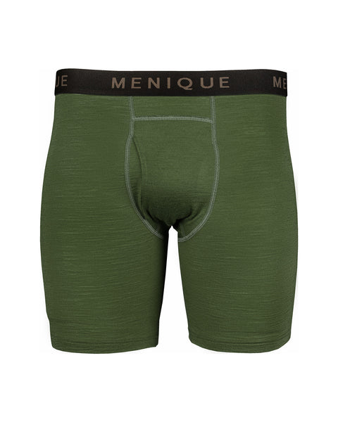 The menique men&#39;s merino boxer briefs in color dark green, white background.