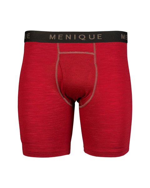 Menique men&#39;s merino boxers in royal cherry color, white background.