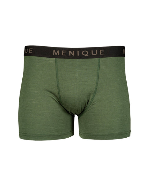 the menique men&#39;s short boxer briefs in dark green color, white background.