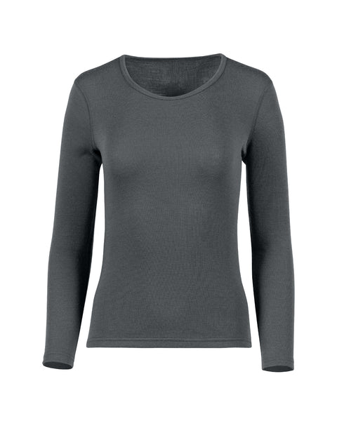 The menique women&#39;s long sleeve 250gsm merino top in perfect gray color, front view.
