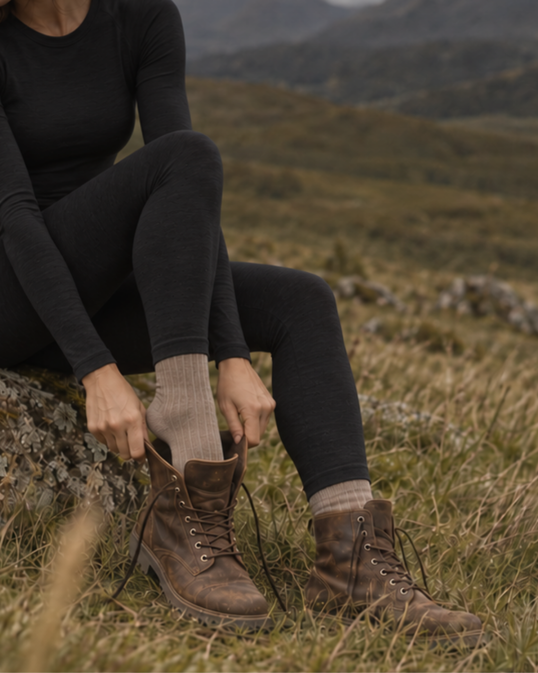 A person wearing black leggings and tan ribbed socks sits on a rock in a grassy field, adjusting a sturdy brown leather boot. The cropped image focuses on their hands and footwear against a natural, softly blurred background.