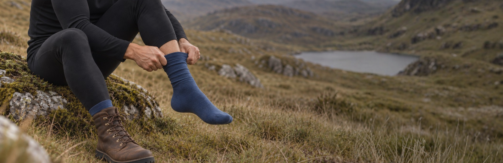 A person wearing black thermal leggings and brown boots sits on a mossy rock, pulling up a blue sock. The cropped image shows a natural landscape with dry grass and a lake in the blurred background.