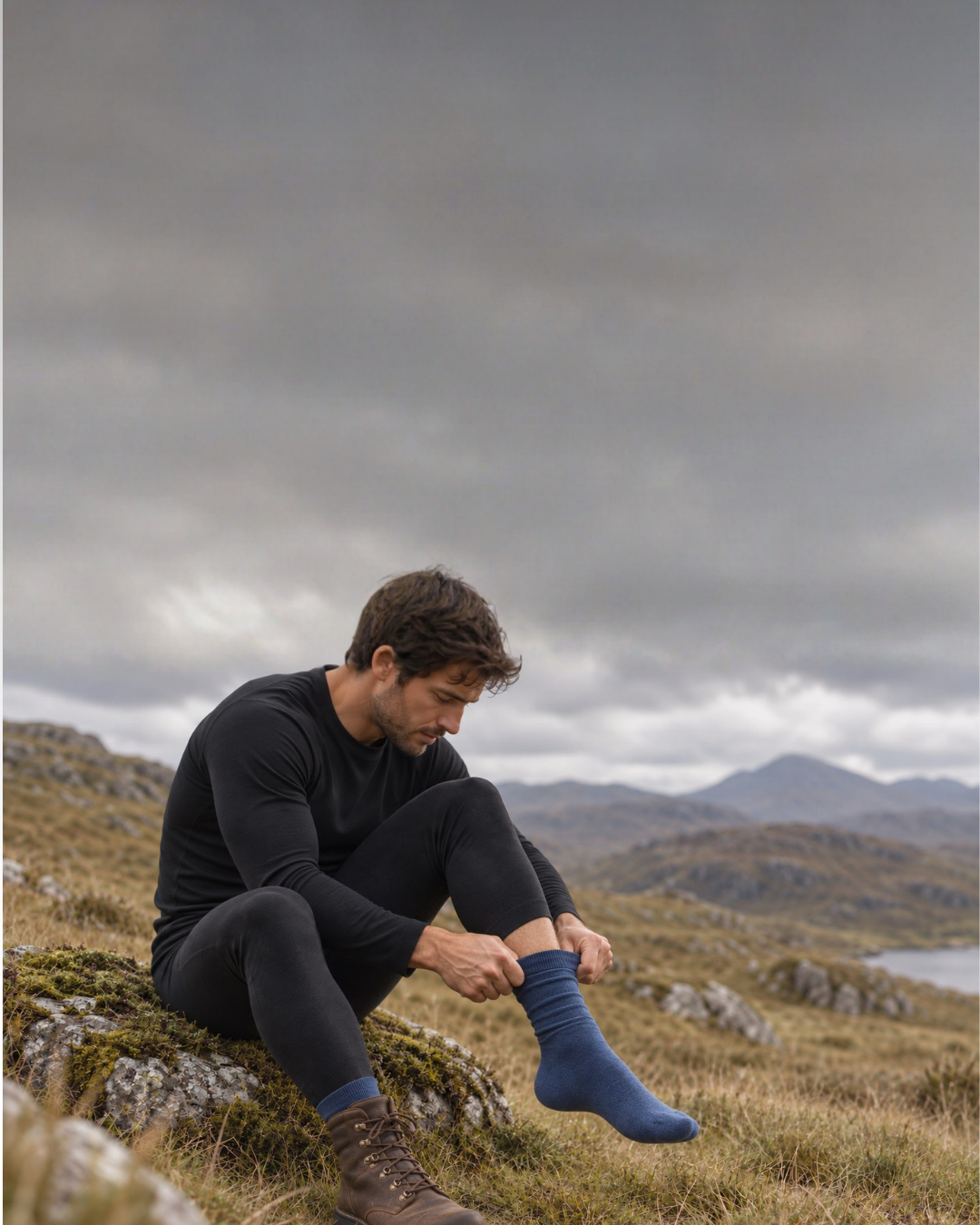 A man sits on a rock in a mountainous landscape, pulling a blue sock onto his foot. He is dressed in black thermal clothing and brown boots, with a large body of water and hills visible behind him under a cloudy sky.