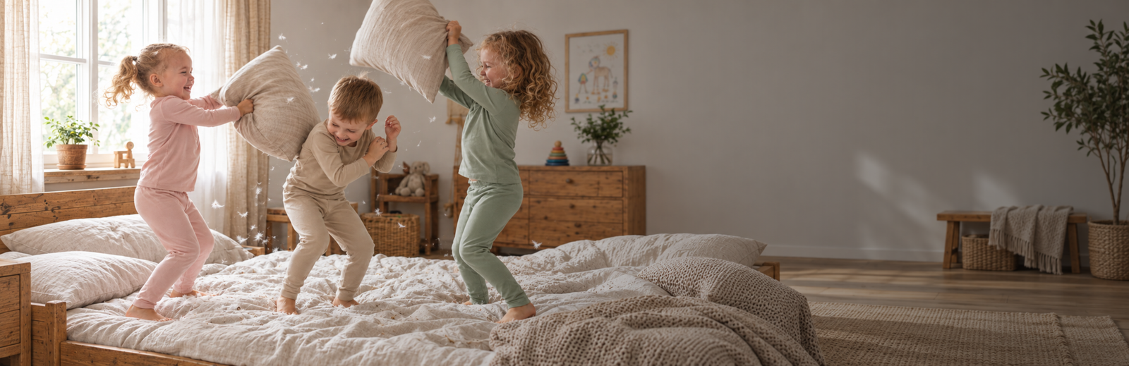 Three children wearing matching thermal outfits jump on a bed during a playful pillow fight. White feathers float through the air in the brightly lit, cozy bedroom.