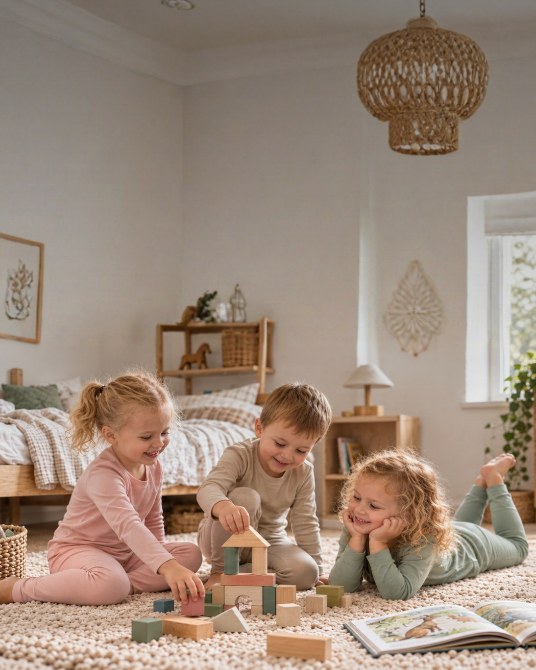 Three joyful children in cozy sleepwear build a tower out of wooden blocks on a fluffy bedroom rug. The bright, neutral-toned room features a wooden bed and natural decor elements.