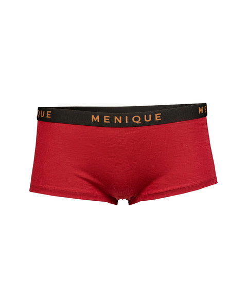 the women&#39;s merino boxer short briefs in royal cherry color.