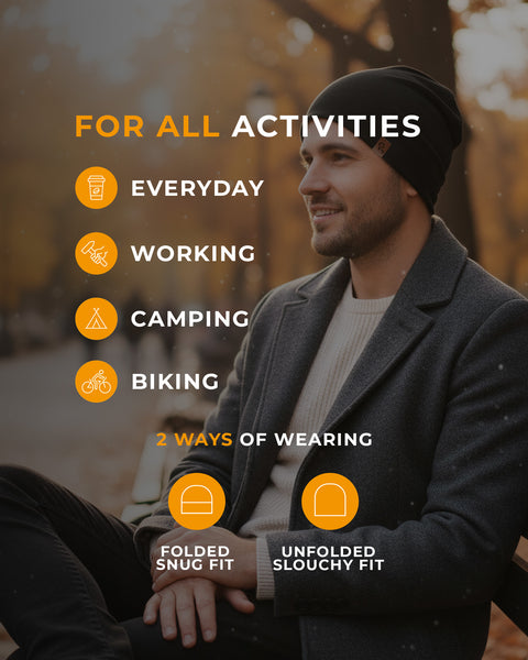 Man sitting on a bench with text about clothing for various activities and wearing styles.