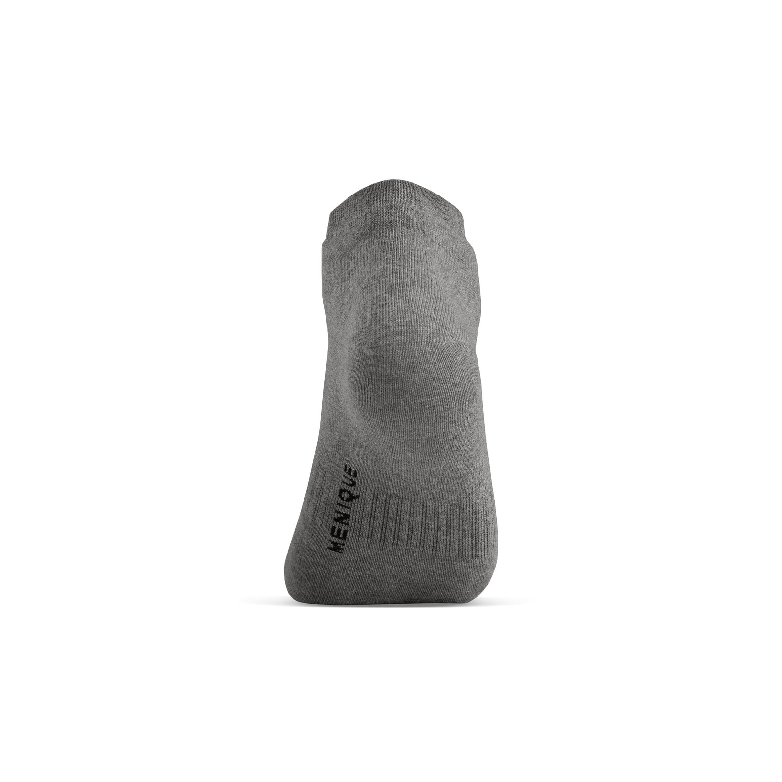 A single gray ankle sock shown on a foot model, angled to display the side profile and the top opening.