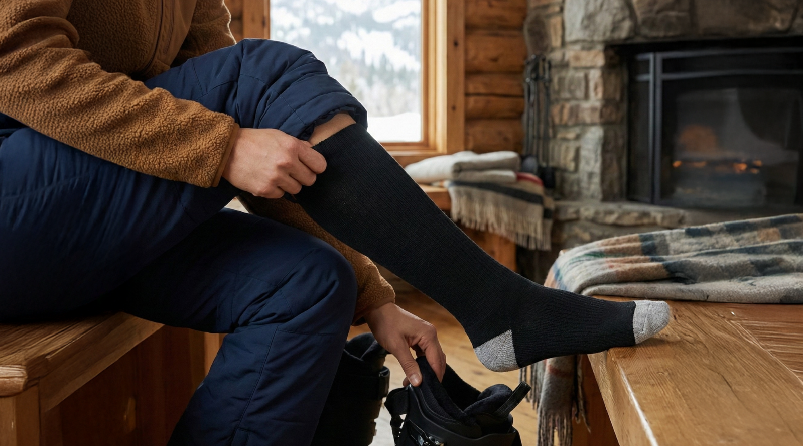 Person sitting indoors by a fireplace pulling on a black thermal sock before putting on ski boots, highlighting warmth and comfort in a cozy mountain cabin setting.
