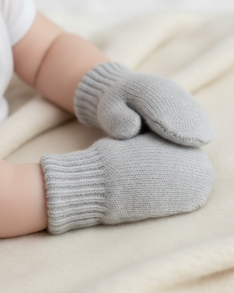 Close-up of a baby’s hands wearing soft light grey knitted mittens, resting on a cream blanket.