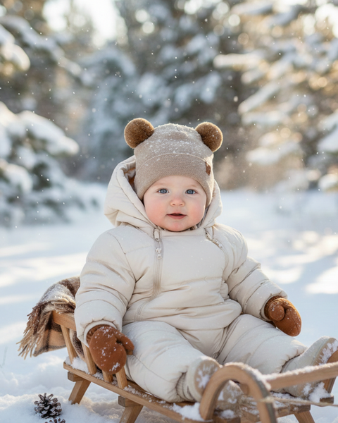 Baby sitting on a wooden sled in the snow wearing beige winter outfit and beanie