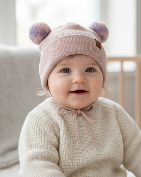 Smiling baby indoors wearing dusty pink knit beanie with pom-pom ears