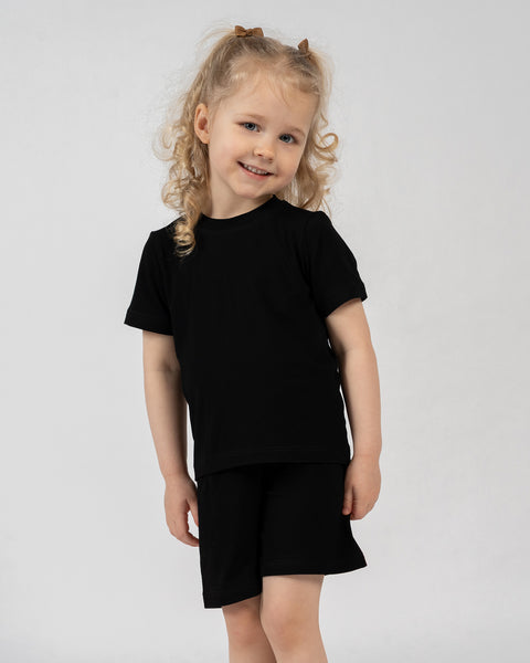 Kids bamboo t-shirt and shorts set in black, breathable and versatile everyday clothing.