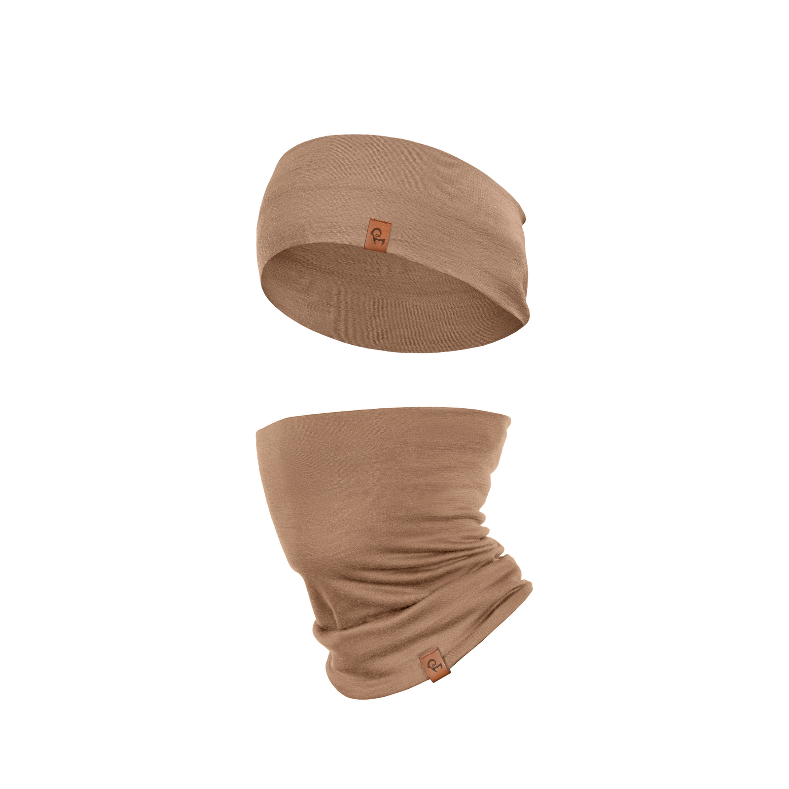 A woman looking slightly to the left, wearing a matching beige headband and a neck gaiter pulled up over her nose and mouth, covering the lower half of her face. She has light eyes and blonde hair pulled back into a ponytail. She is wearing a black top. Both the headband and the gaiter feature a small, rectangular brown leather logo tag. The background is a solid light grey.