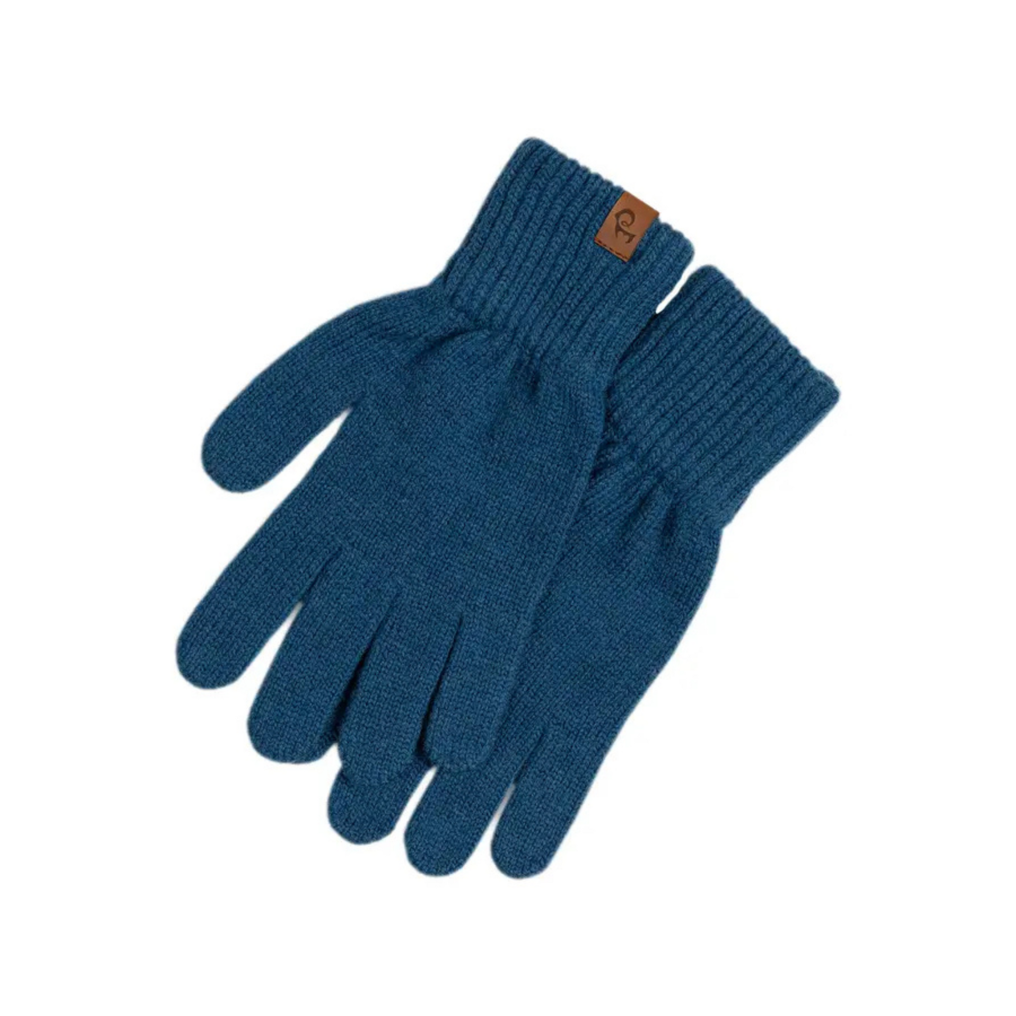 A pair of menique brand black knit gloves with ribbed cuffs. A small, rectangular tan leather tag with the "menique" logo is visible on the cuff of the left glove. The gloves are laid flat against a white background.