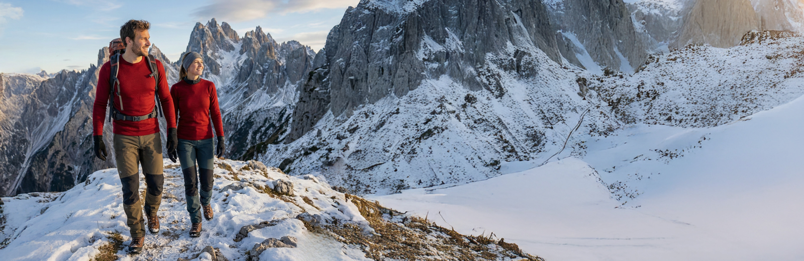 A man and woman hiking along a snowy mountain ridge at sunset, both wearing red merino base layers and backpacks, with dramatic rocky peaks in the background.