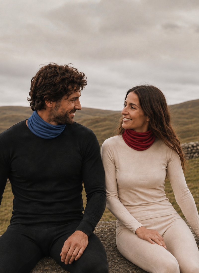 A man and a woman sitting outdoors on a stone wall, wearing fitted long-sleeve neck warmers. The man wears a dark navy or black top with a blue neck warmer, and the woman wears a light beige top with a red neck warmer.