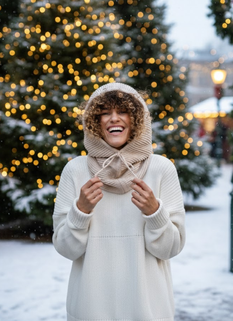 Person wearing a white coat and beige fur-lined hood in a snowy outdoor setting with Christmas trees.