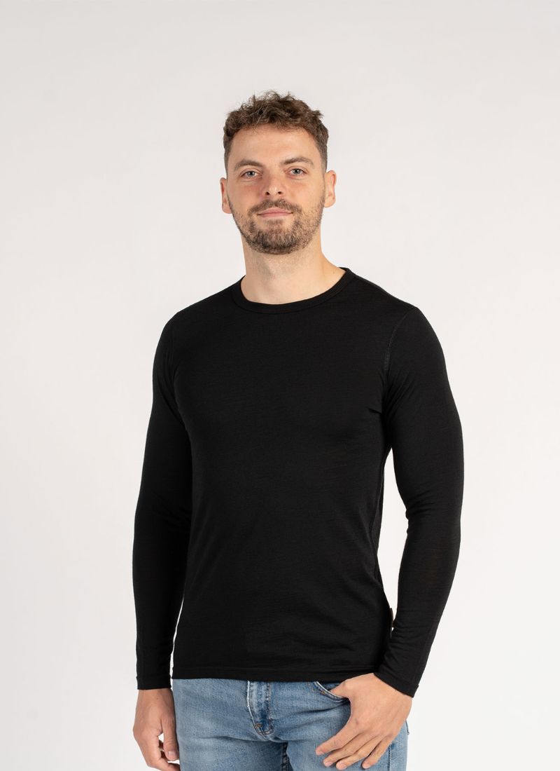 Man wearing a black long-sleeve shirt against a white background