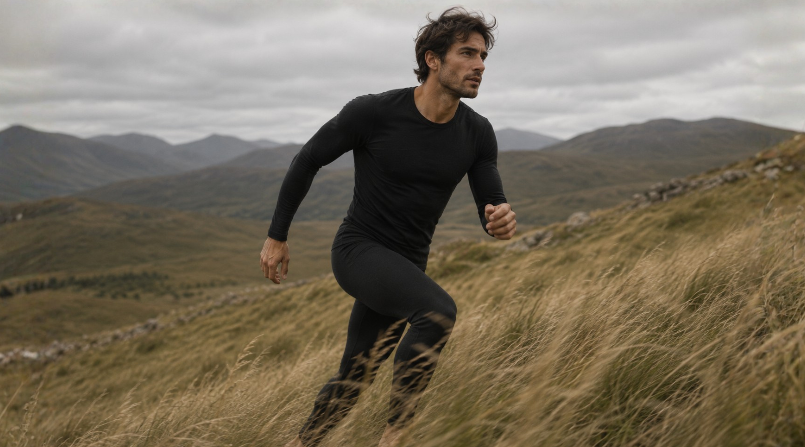 A man wearing a fitted black long-sleeved shirt and leggings runs uphill through a field of tall, dry grass. He appears focused, set against a backdrop of distant mountains and an overcast gray sky.