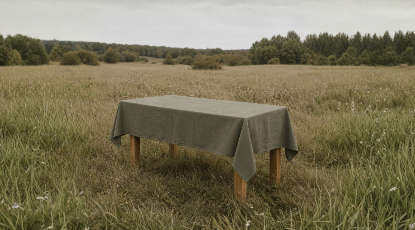 A rectangular wooden table draped with a textured olive green tablecloth stands in an open field of wild, dry grass. A distant tree line and a soft, overcast gray sky provide a serene, rustic backdrop for the outdoor setting.