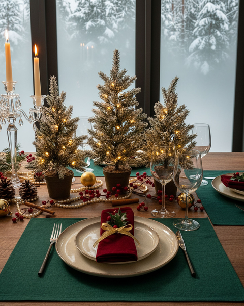 Dark green linen placemat on a festive Christmas table setting with mini lit Christmas trees, red napkin, gold ribbon, pinecones, and holiday décor.