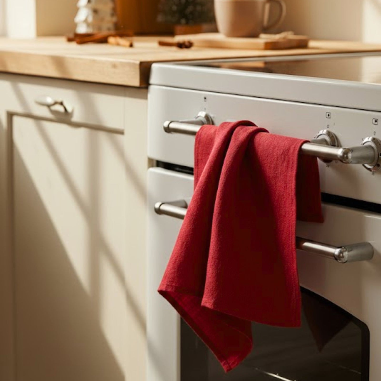 Red linen kitchen towel hanging on a wooden rack, decorated with a pine branch, red berries, and a wooden snowflake ornament for a festive Christmas touch.