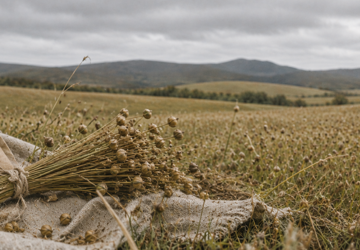 A tied bundle of dried flax stalks with seed pods resting on rough linen fabric in a field, with rolling hills in the distance.