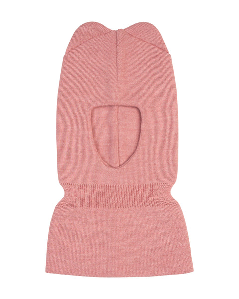 The menique kids&#39; knit merino balaclava with ears in pink color, in a white background.