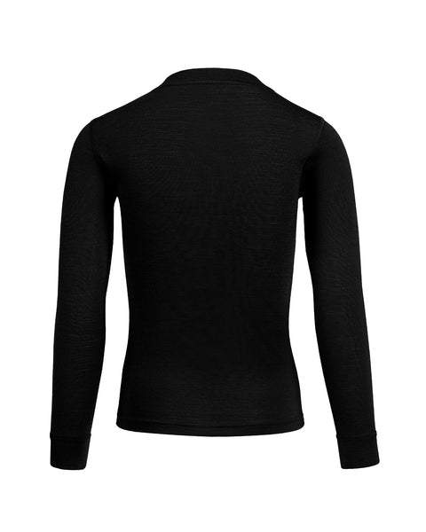 The menique kids&#39; long sleeve top of 160gsm merino in black color, back view.