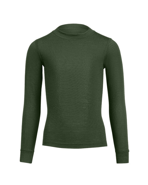 the menique 160gsm kids&#39; merino set of long sleeve top and pants in dark green, front view.